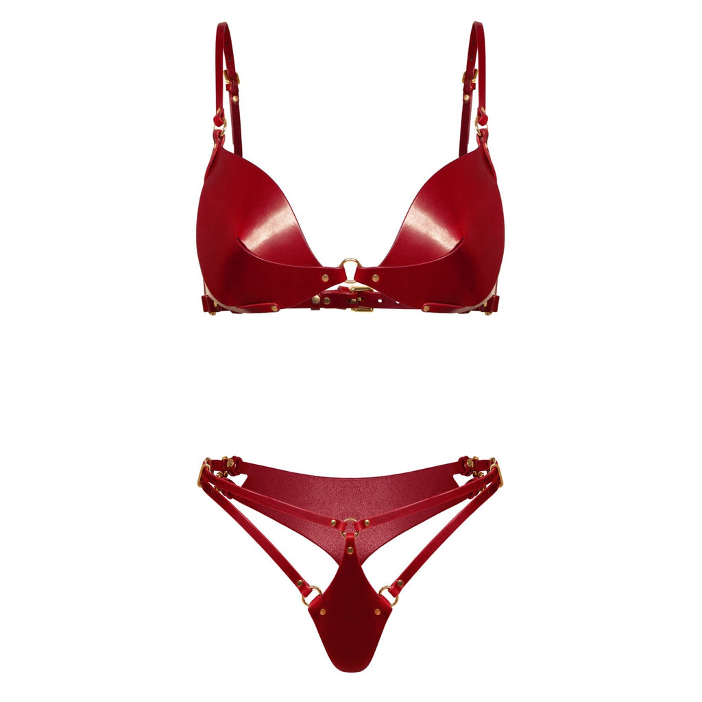 Red Leather lingerie set ASTREA, XL / Silver