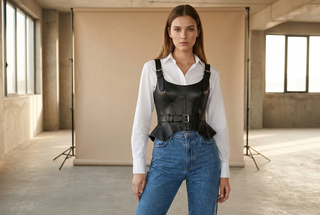 Leather corset styled over a white shirt with jeans