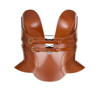 Brown leather corset DAELOS with buckle straps, front view