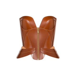 Brown leather corset NOEMI with front zipper, front view