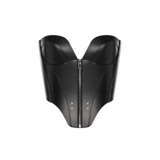 A black faux-leather corset-style bustier top with a front zipper, photographed from the front on a solid white background.