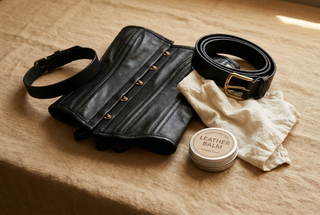 Black leather accessories with a cloth and conditioner for cleaning